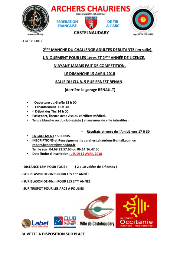 Challenge débutant Castelnaudary le 15 avril 2018